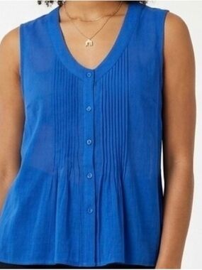FYLO London Blue Gauze Pintuck Pleated Tunic Tank Top - Coastal Grandma Boho M